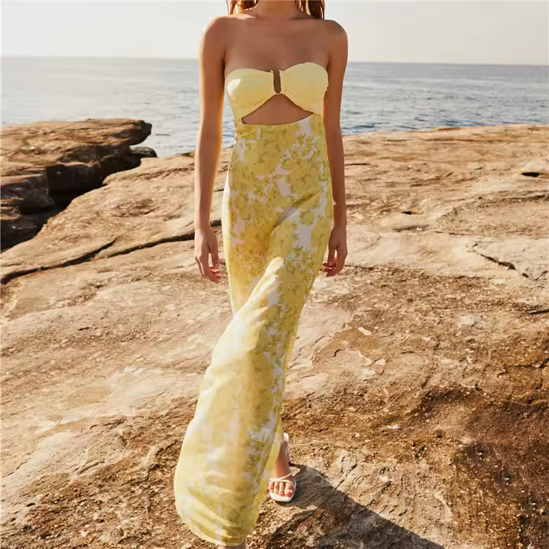 Beach Style Strapless Hollow Out Floral Print Bow Tie Bodycon Maxi Dress