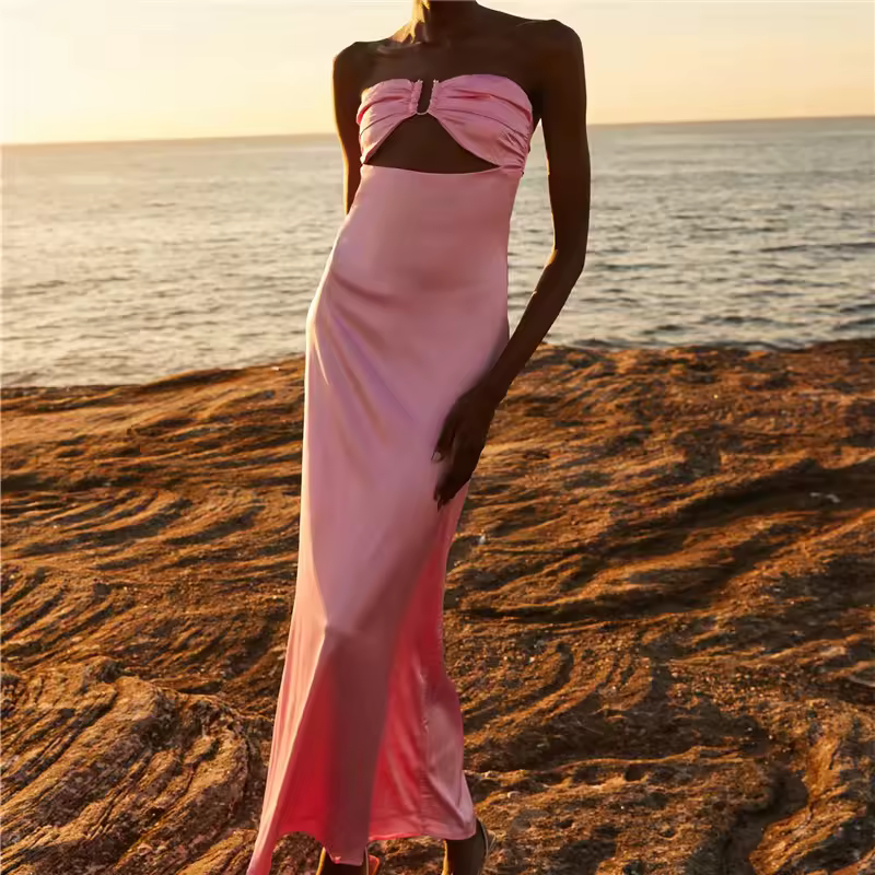 Beach Style Strapless Hollow Out Bow Tie Bodycon Maxi Dress