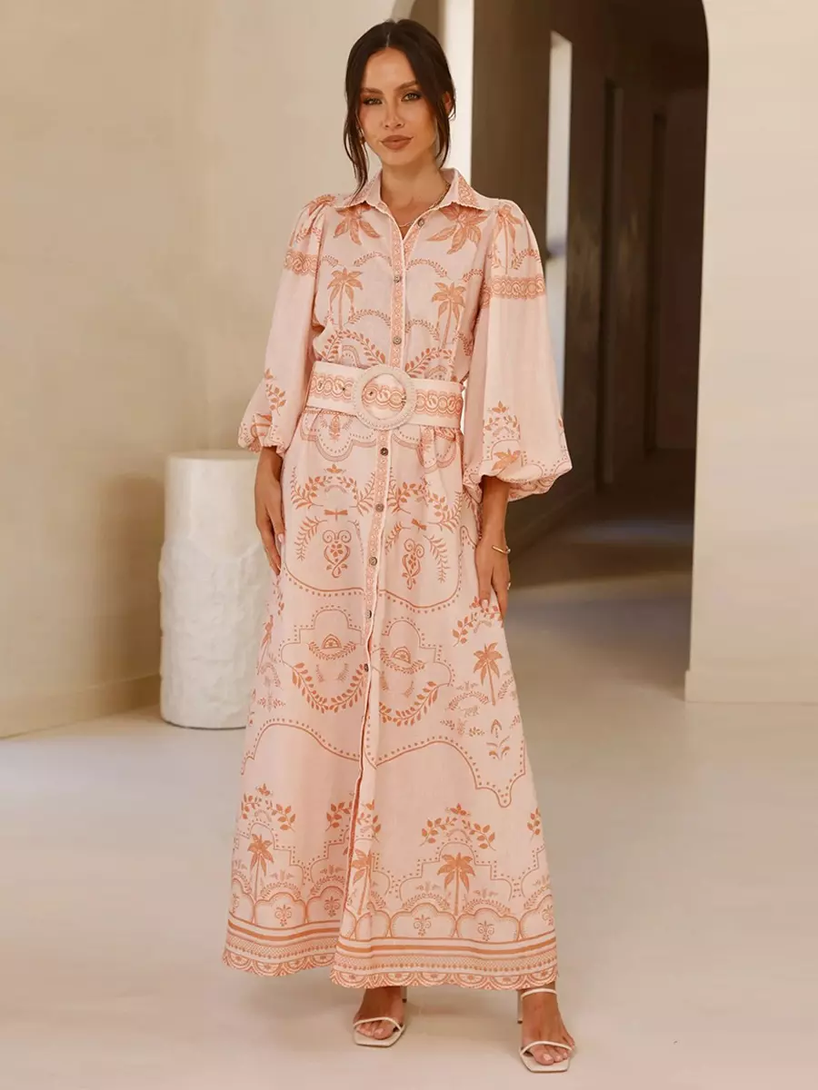 Beach Style Tropical Print Belted Long Long Sleeve Puff Sleeve Maxi Dress - Image 10