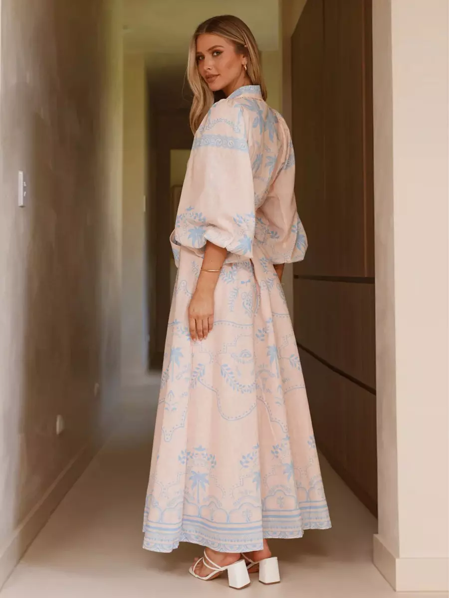 Beach Style Tropical Print Belted Long Long Sleeve Puff Sleeve Maxi Dress - Image 5