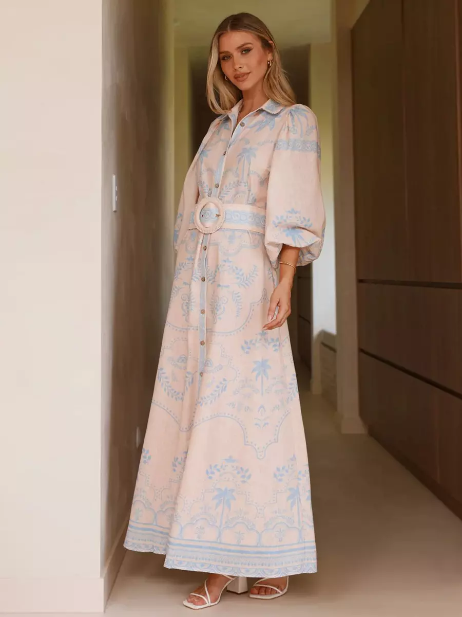 Beach Style Tropical Print Belted Long Long Sleeve Puff Sleeve Maxi Dress - Image 4
