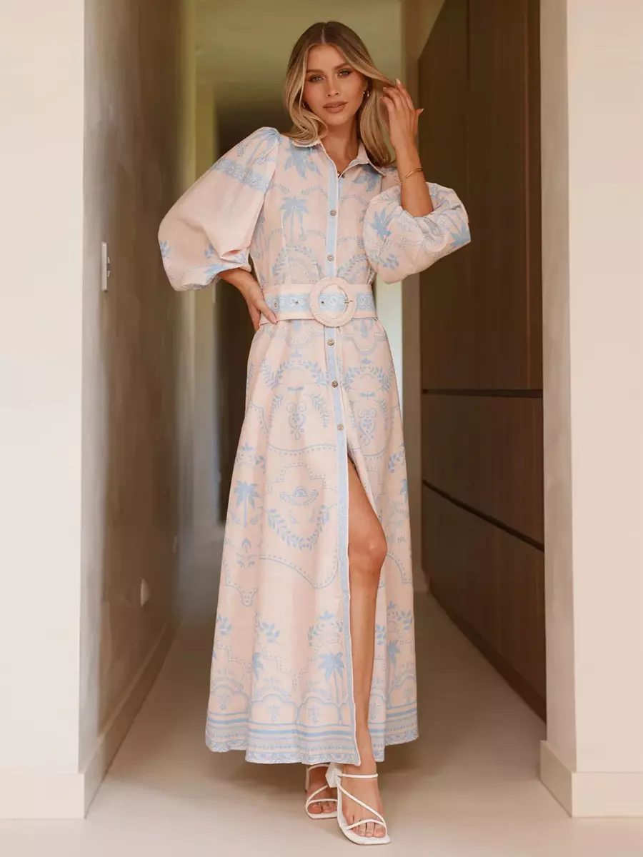 Beach Style Tropical Print Belted Long Long Sleeve Puff Sleeve Maxi Dress - Image 3