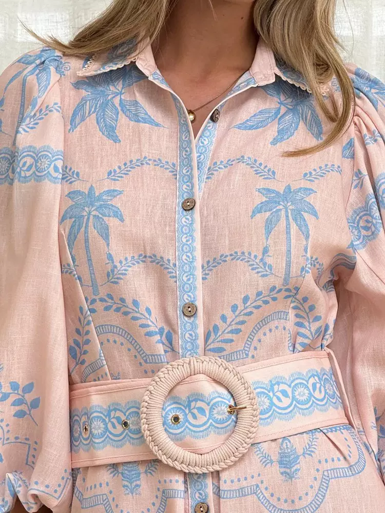 Beach Style Tropical Print Belted Long Long Sleeve Puff Sleeve Maxi Dress - Image 7