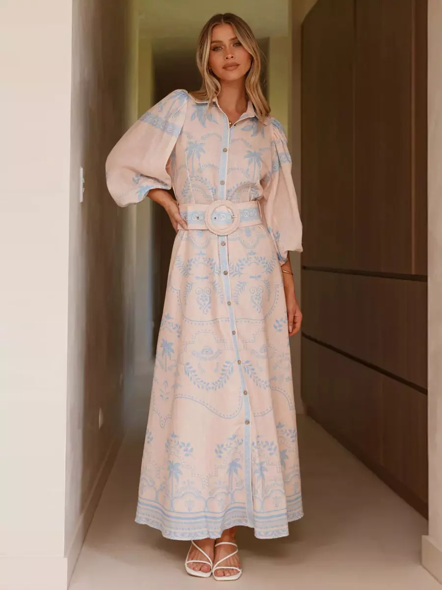 Beach Style Tropical Print Belted Long Long Sleeve Puff Sleeve Maxi Dress - Image 2
