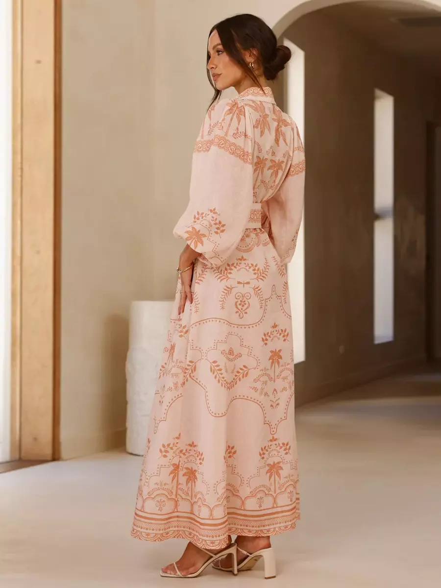 Beach Style Tropical Print Belted Long Long Sleeve Puff Sleeve Maxi Dress - Image 11