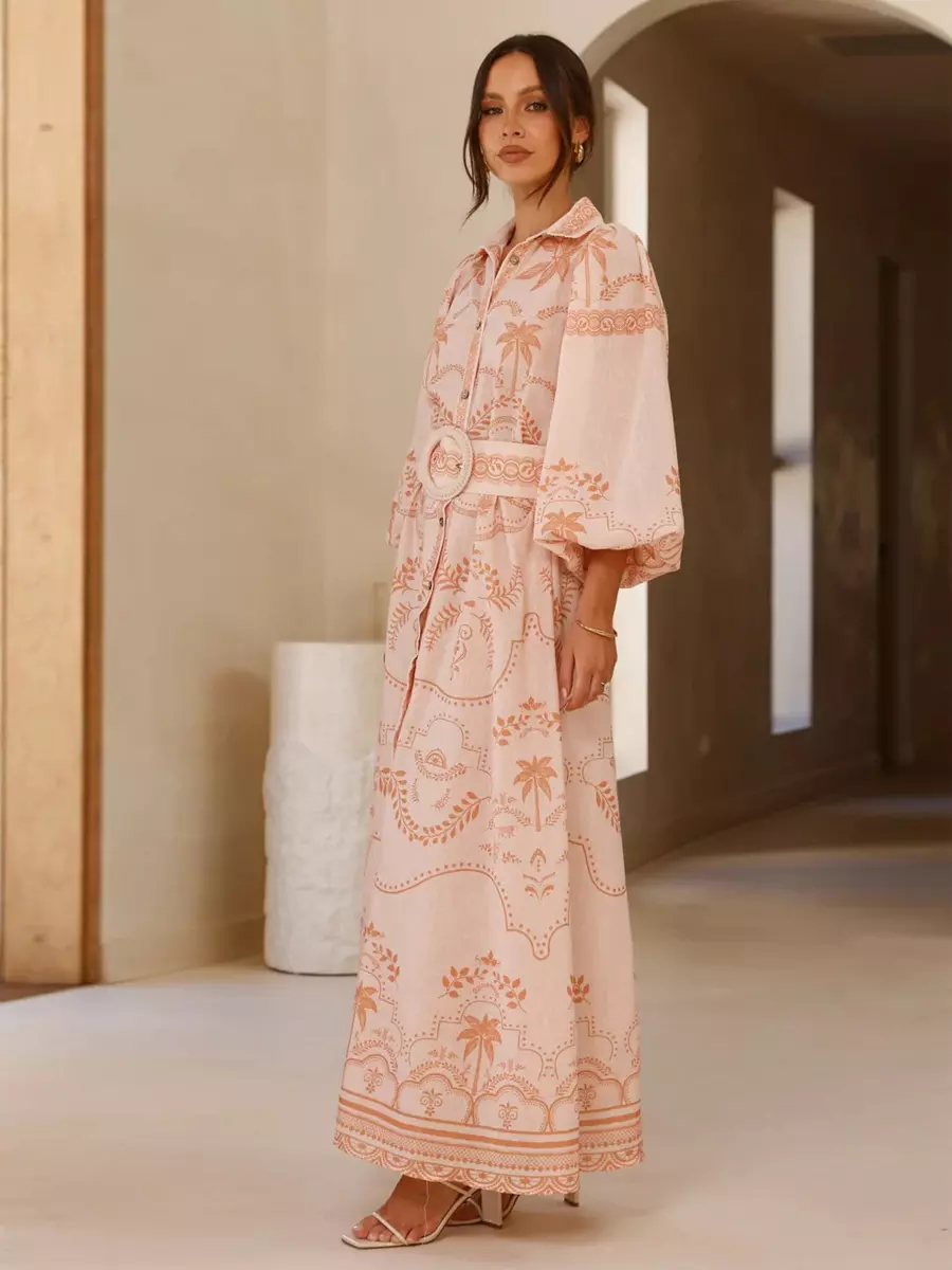 Beach Style Tropical Print Belted Long Long Sleeve Puff Sleeve Maxi Dress - Image 9