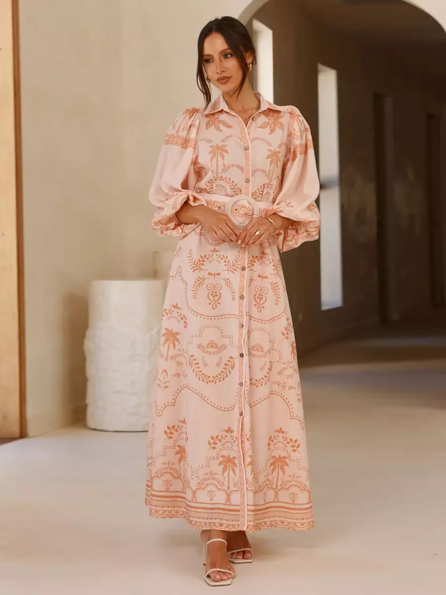 Beach Style Tropical Print Belted Long Long Sleeve Puff Sleeve Maxi Dress - Image 8
