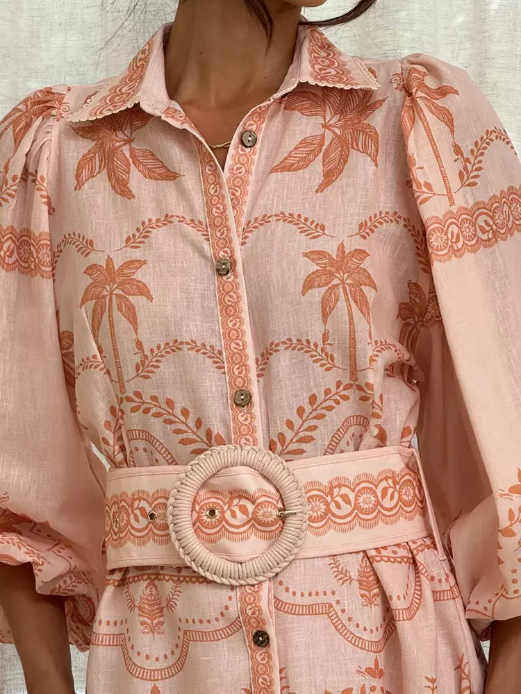 Beach Style Tropical Print Belted Long Long Sleeve Puff Sleeve Maxi Dress - Image 12