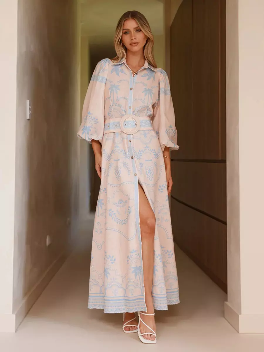 Beach Style Tropical Print Belted Long Long Sleeve Puff Sleeve Maxi Dress