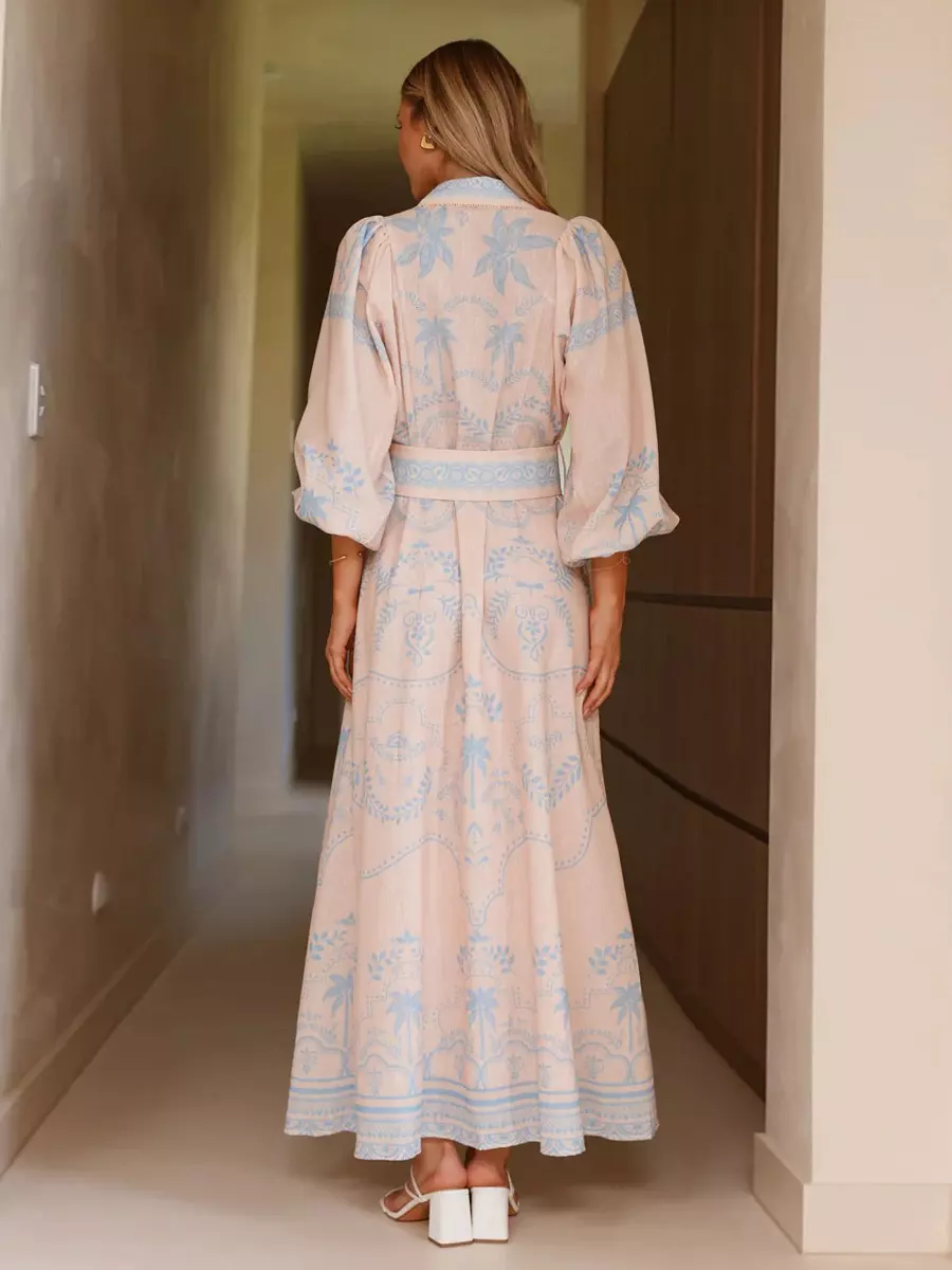 Beach Style Tropical Print Belted Long Long Sleeve Puff Sleeve Maxi Dress - Image 6