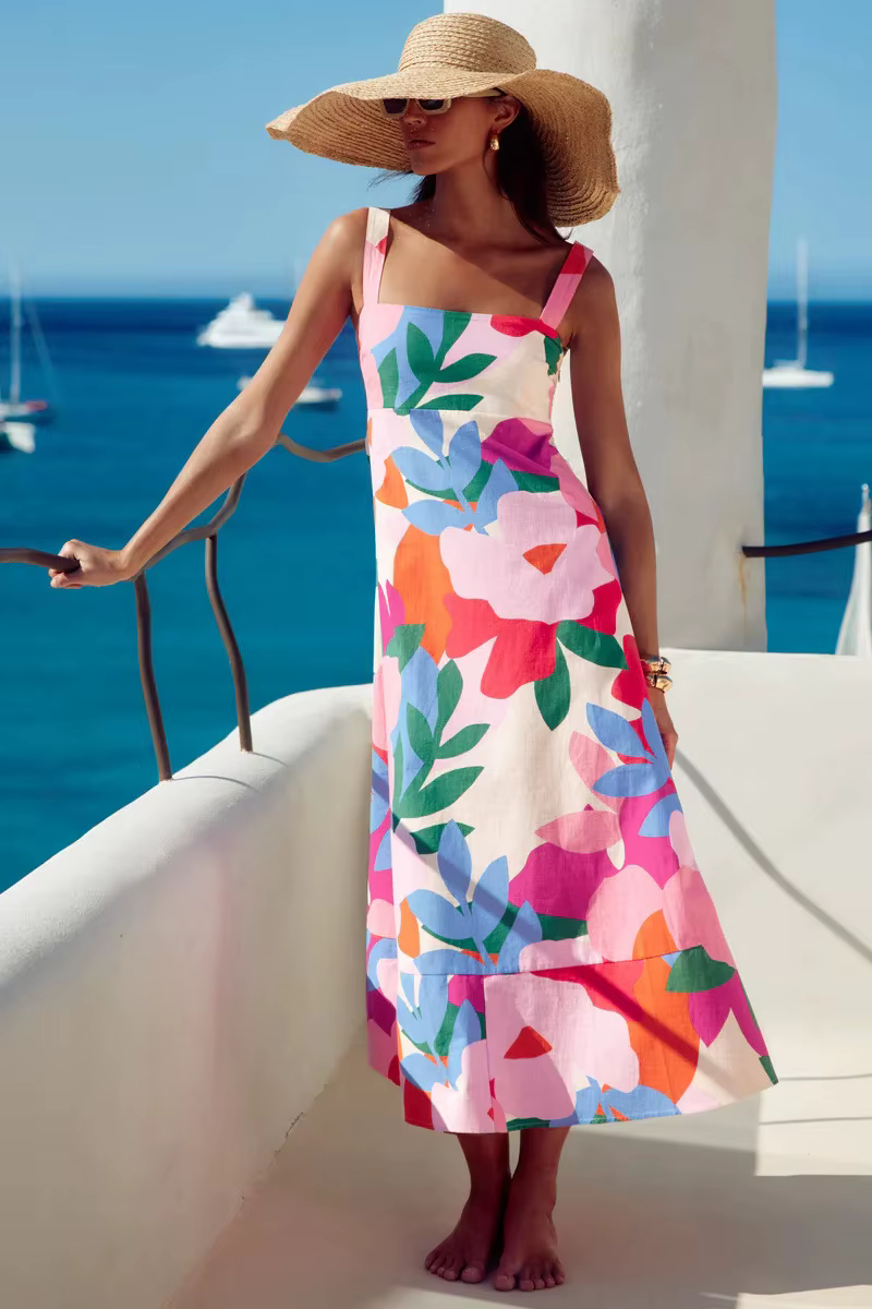 Bohemian A-line Color Blocked Strap Ankle-Length Maxi Dress