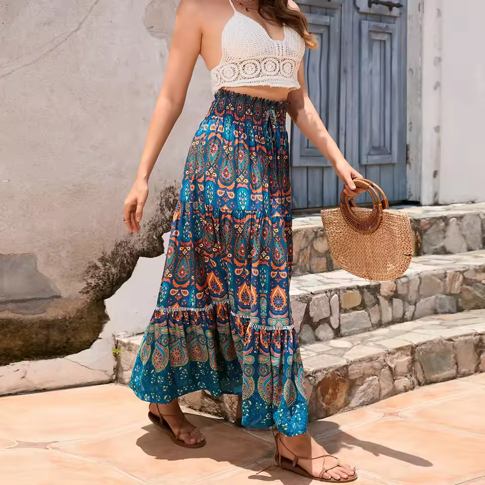 Bohemian A-Line Animal Floral Print High Elastic Waist Beach Style Skirt