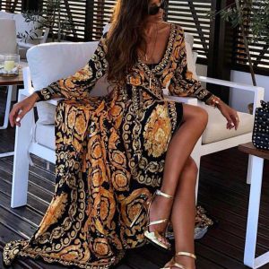 Bohemian Beach Style Full Sleeves Printed V-Neck Slit Long Maxi Dress