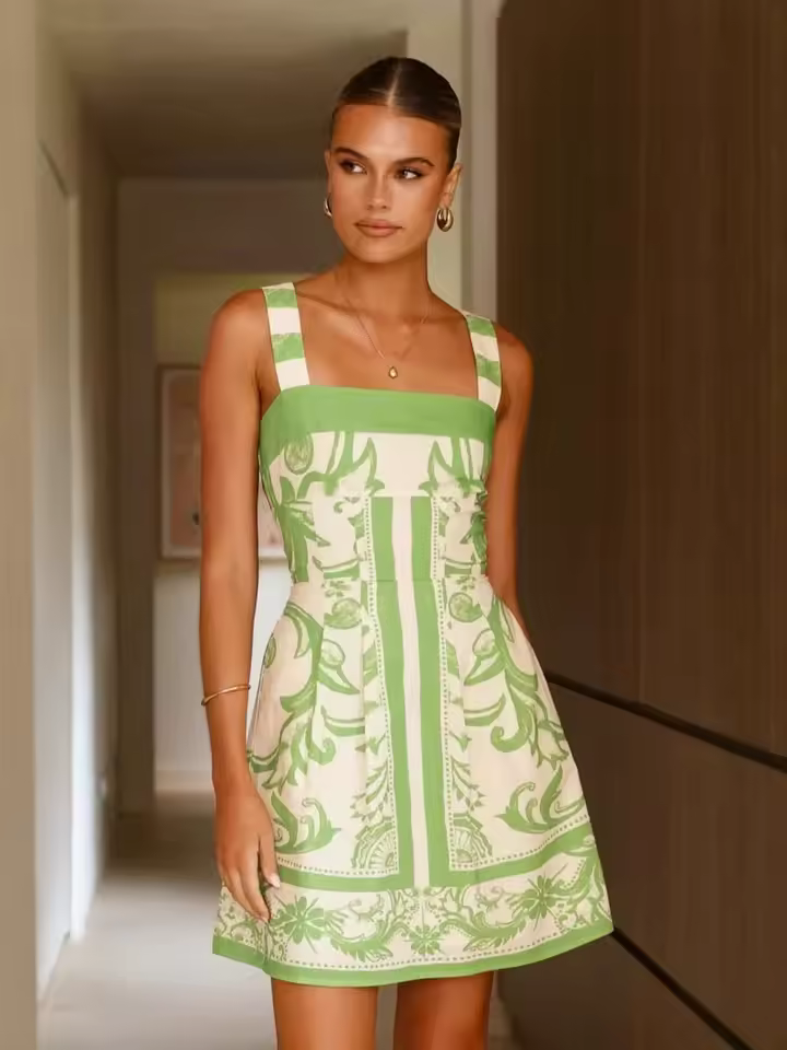 Bohemian Color Blocked Printed Bohemian Elastic Waist Loose Mini Dress - Image 14