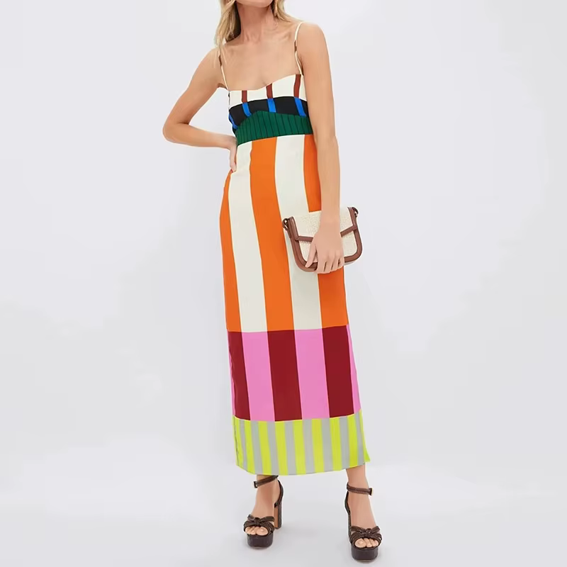 Bohemian Contrast Striped Print Strap V-Neck Backless Hollow Split Maxi Dress