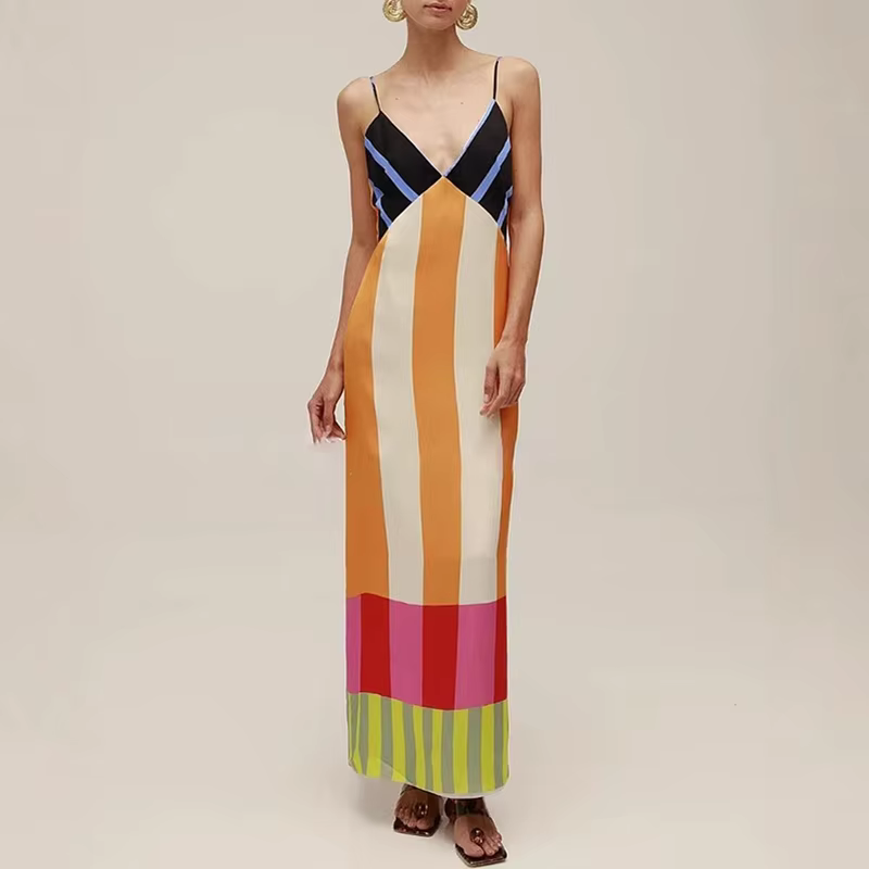 Bohemian Contrast Striped Print Strap V-Neck Backless Hollow Split Maxi Dress