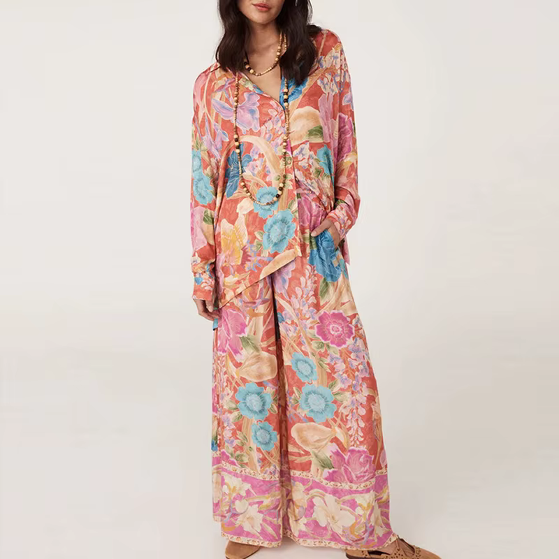 Bohemian Floral Button Shirt And Long Pants Loose Two Piece Set