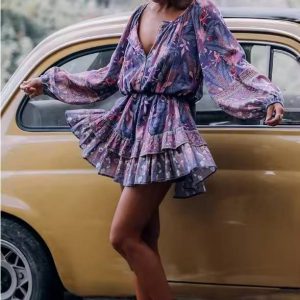 Bohemian Floral Print Tassel V-neck Long Sleeve Elastic Waist Rayon Mini Dress