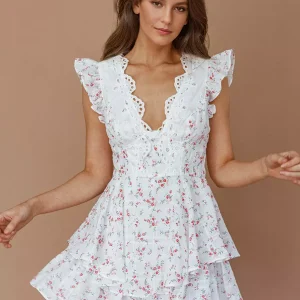 Bohemian Floral Print With V-Neck And Ruffled Sleeves Beach Style Mini Dress