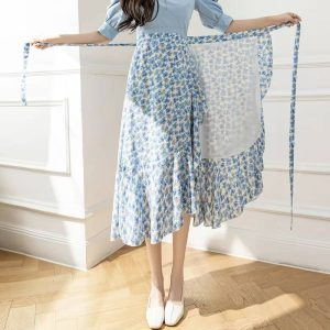 Bohemian Flower Printing A-line One Piece High Waist Midi Skirts