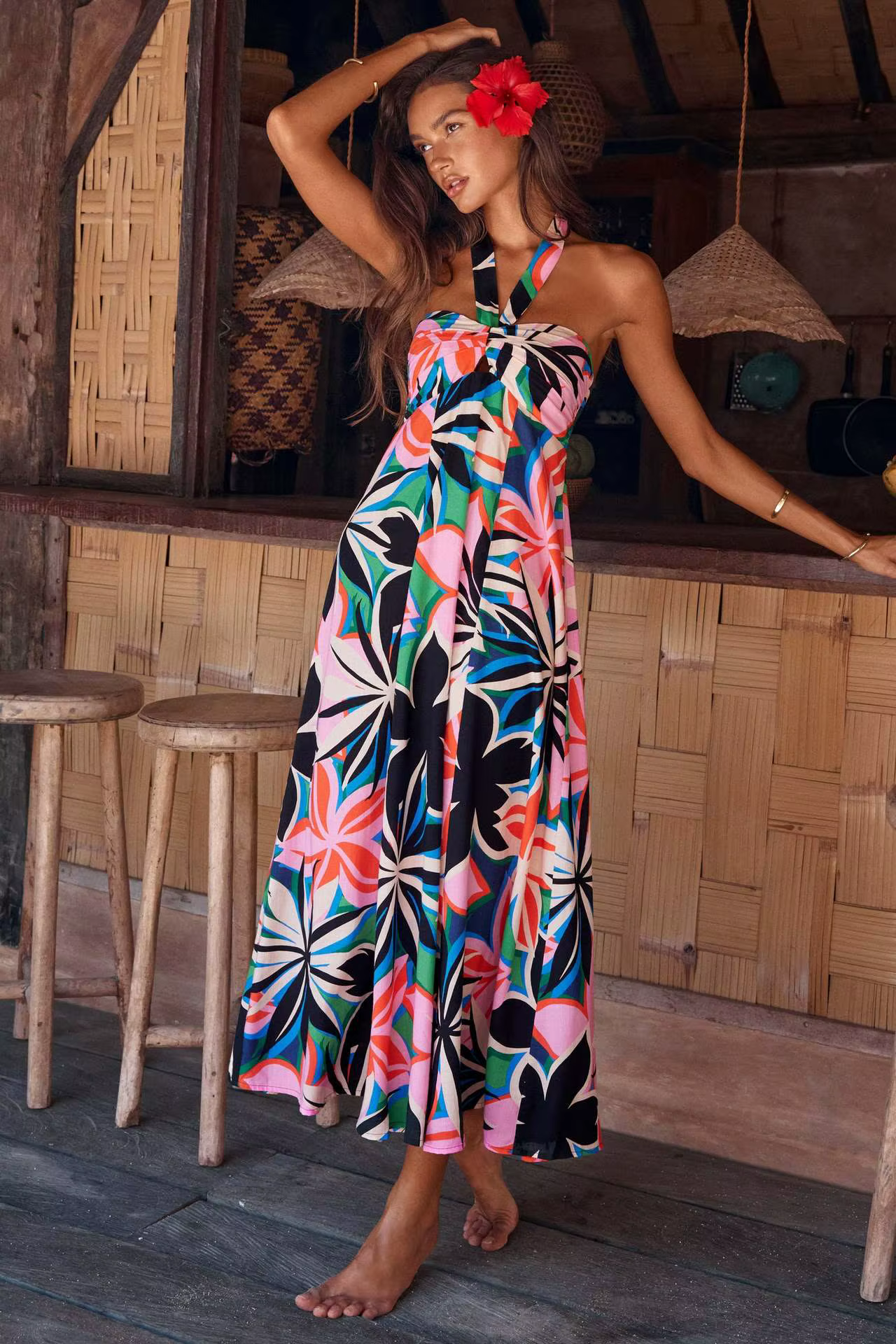 Bohemian Neck-mounted Printed Flower Beach Style Long Maxi Dress