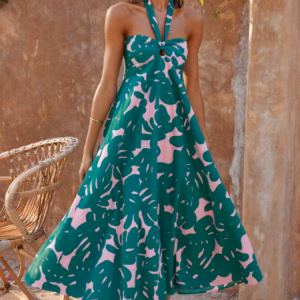 Bohemian Hanging Neck Printed Flower Beach Style Long Maxi Dress