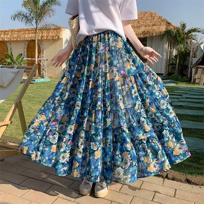 Bohemian High Elastic Waist Printed Chiffon Floral Maxi Skirts