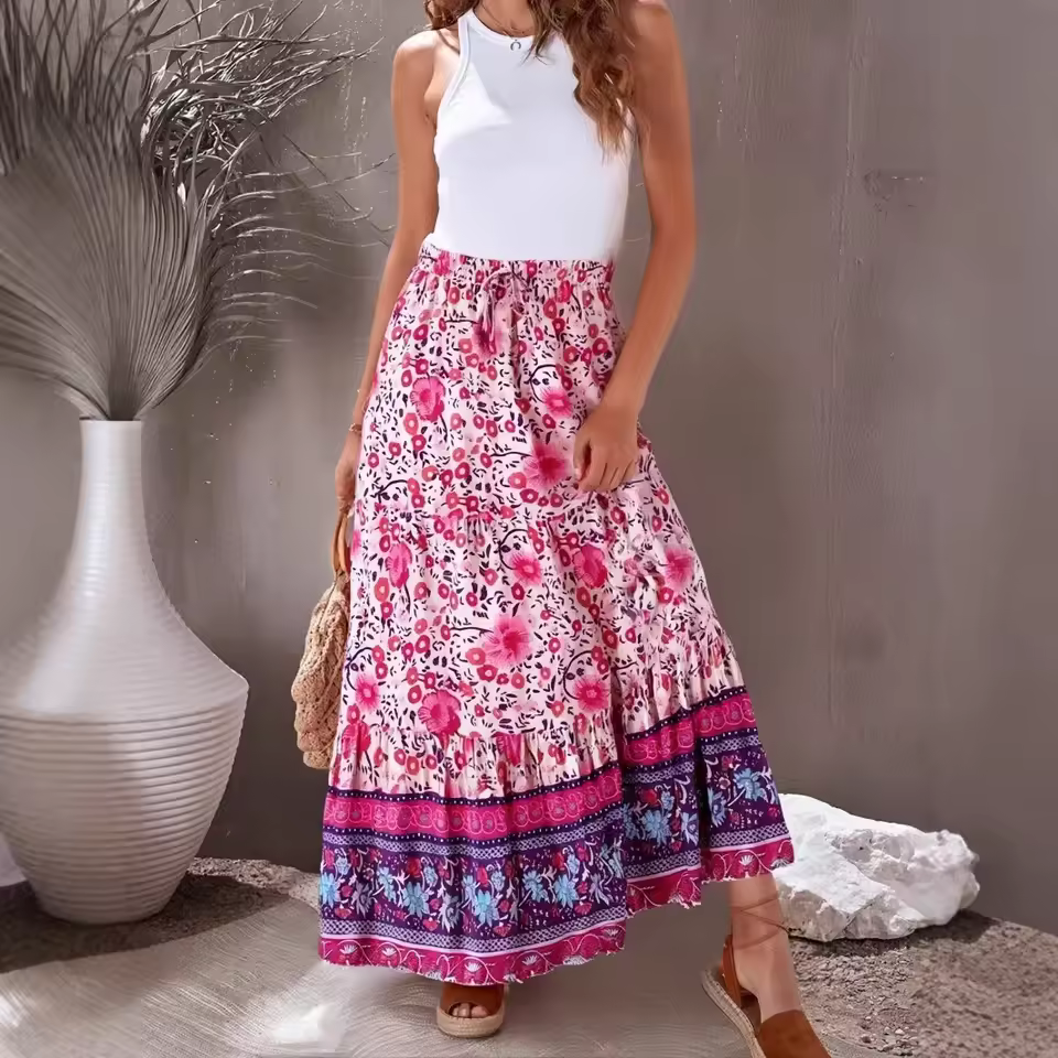 Bohemian Pleated Elastic Waist A-Line Rayon Floral Print Beach Style Maxi Skirt