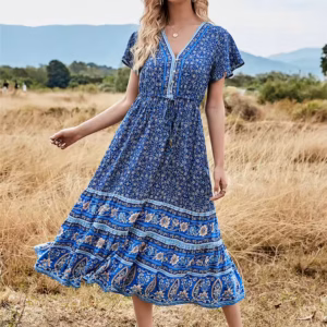 Bohemian Pleated Floral Print Deep V-Neck Button Beach Style Midi Dress