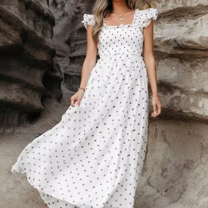 Bohemian Polka Dot With Flutter Sleeves And Square Collar Maxi Dress