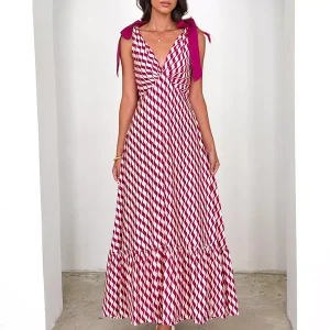 Bohemian Printed Ruffles Lace up V-Neck Tie Shoulder Straps Maxi Dress