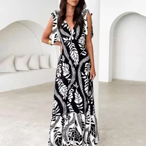 Bohemian Printed Ruffles Lace Up V-Neck Tie Shoulder Straps Maxi Dress