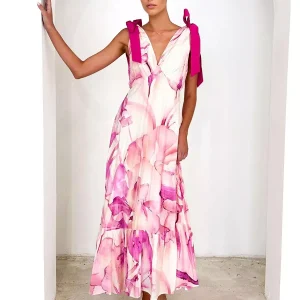 Bohemian Printed Ruffles Lace Up V-Neck Tie Shoulder Straps Maxi Dress
