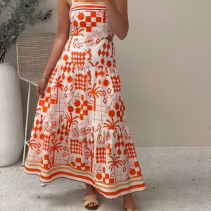 Bohemian Printed Style Spaghetti Strap Long Ankle-Length Maxi Dress