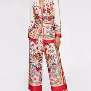 Bohemian Printing Shawl Collar Long Sleeve Top High Waist Wide Leg Pant Two Piece Set