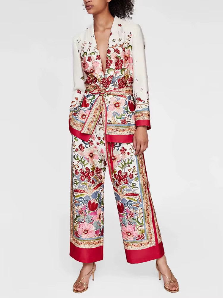 Bohemian Printing Shawl Collar Long Sleeve Top High Waist Wide Leg Pant Two Piece Set