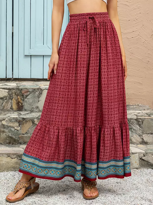 Bohemian Ruffles Plaid Printed Long High Waist Loose Skirt - Image 8