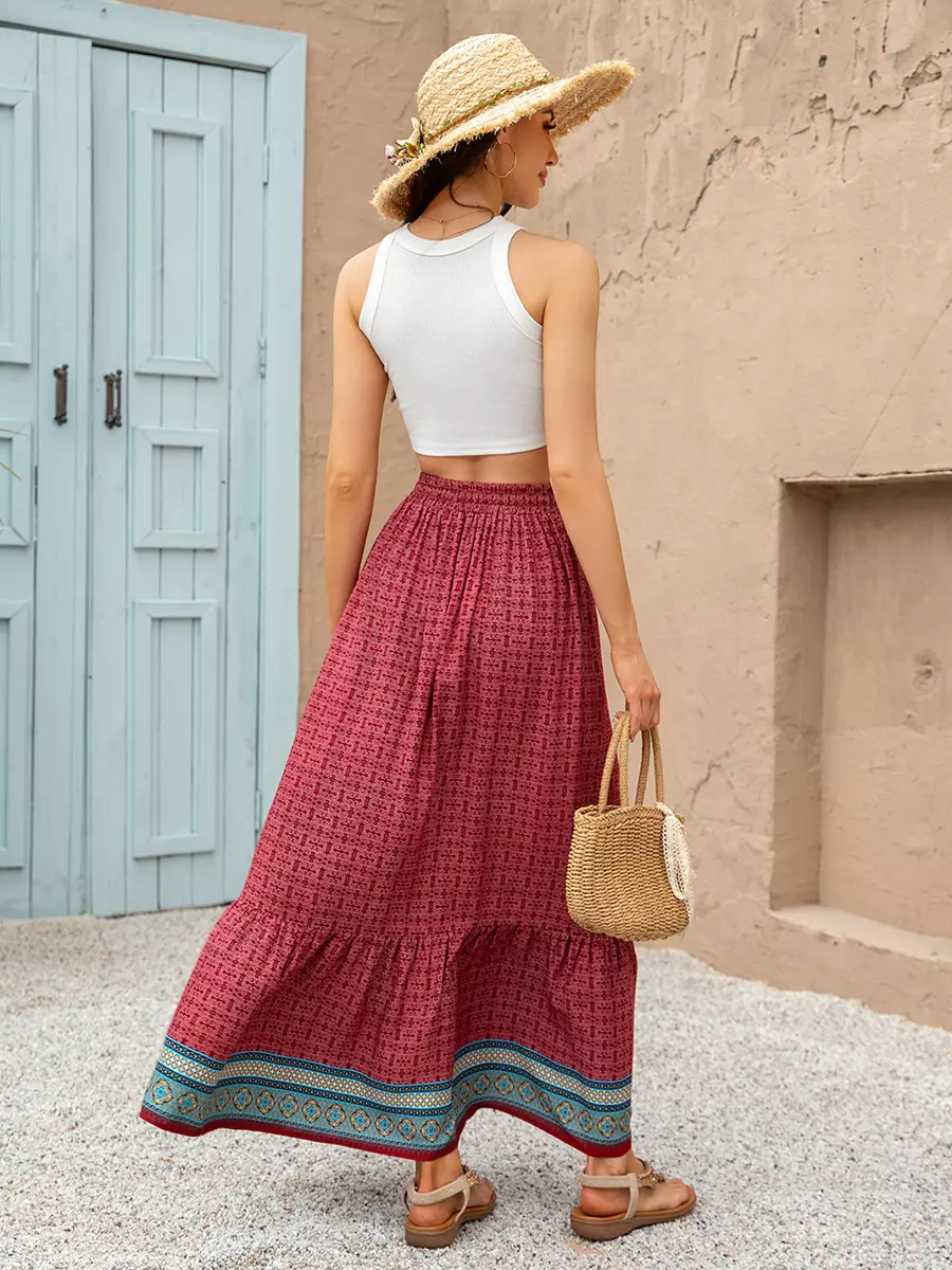 Bohemian Ruffles Plaid Printed Long High Waist Loose Skirt - Image 3