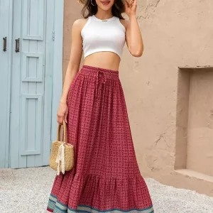 Bohemian Ruffles Plaid Printed Long High Waist Loose Skirt