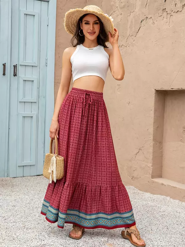 Bohemian Ruffles Plaid Printed Long High Waist Loose Skirt