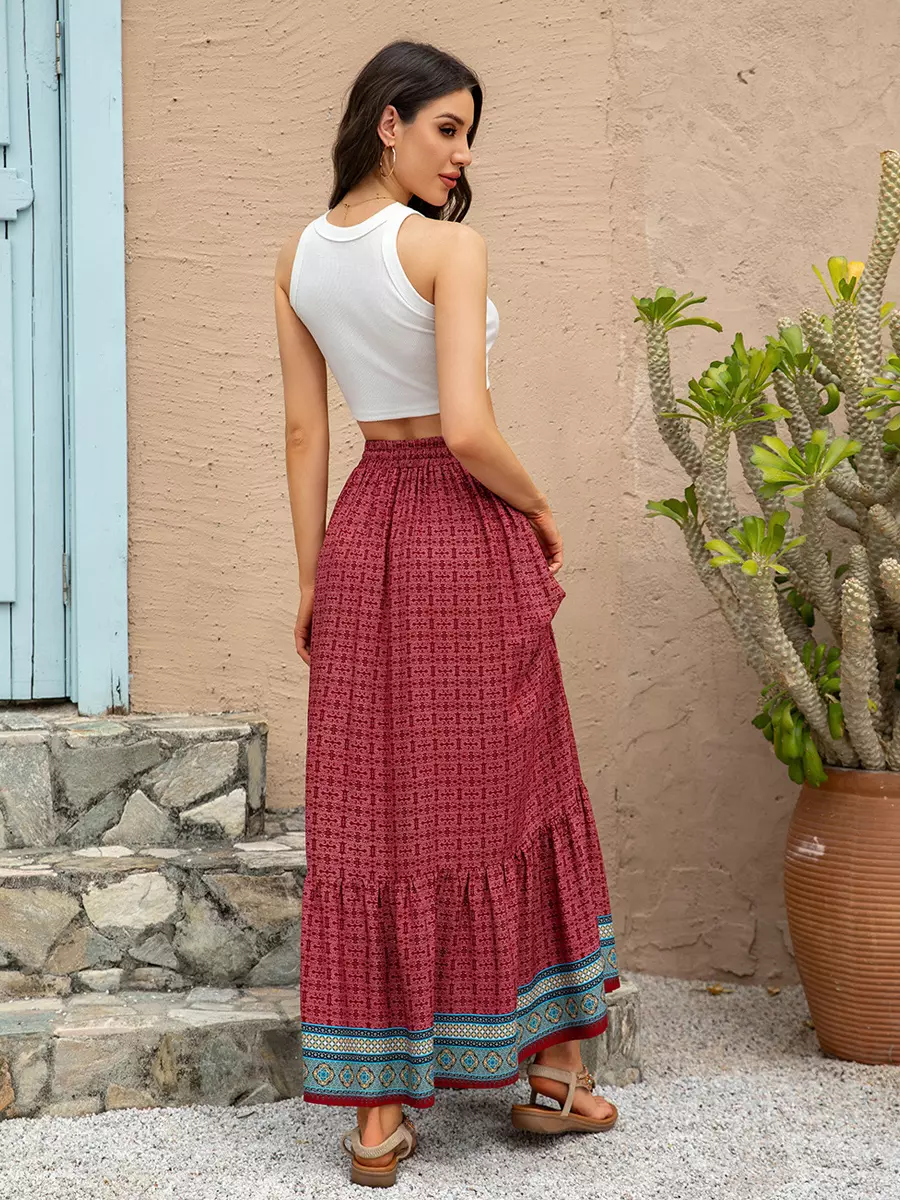 Bohemian Ruffles Plaid Printed Long High Waist Loose Skirt - Image 4