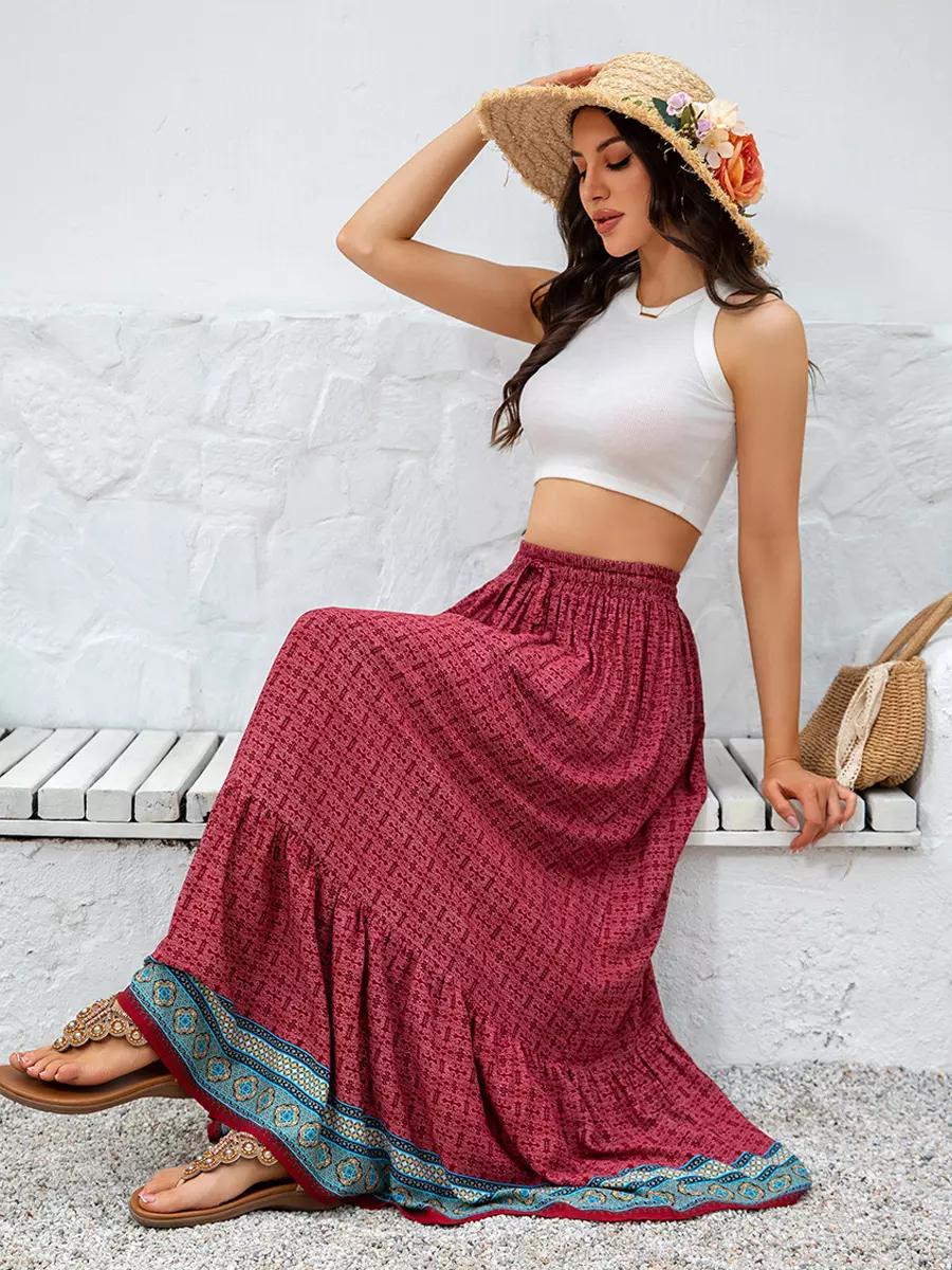 Bohemian Ruffles Plaid Printed Long High Waist Loose Skirt - Image 2
