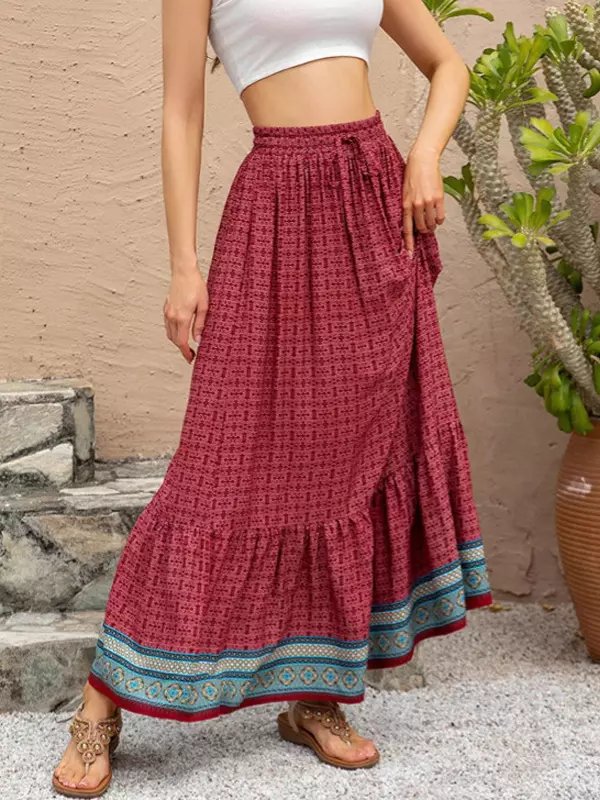 Bohemian Ruffles Plaid Printed Long High Waist Loose Skirt - Image 6