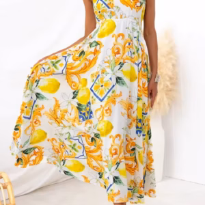 Bohemian Spaghetti Strap Printed Hanging Strap Back Tie Maxi Dress