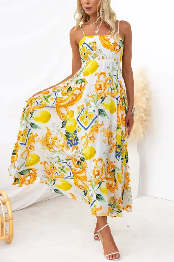 Bohemian Spaghetti Strap Printed Hanging Strap Back Tie Maxi Dress