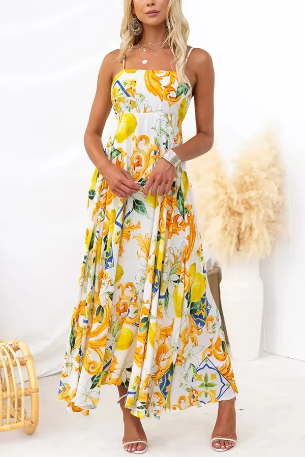 Bohemian Spaghetti Strap Printed Hanging Strap Back Tie Maxi Dress - Image 2