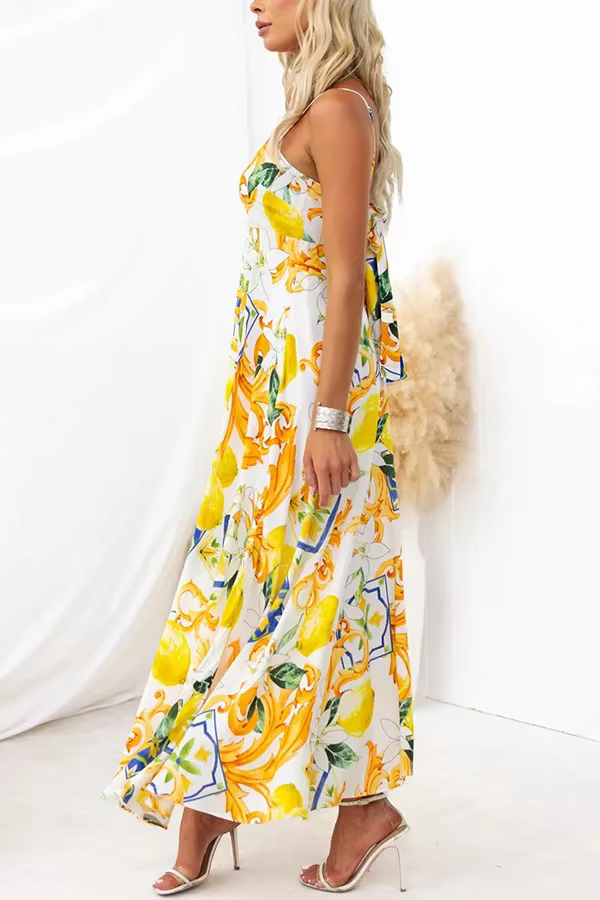 Bohemian Spaghetti Strap Printed Hanging Strap Back Tie Maxi Dress - Image 3