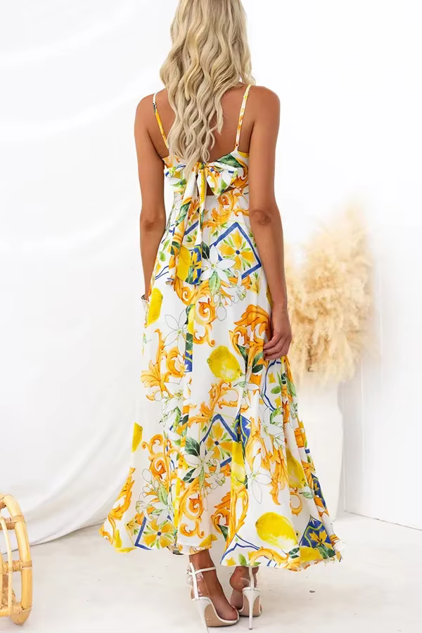 Bohemian Spaghetti Strap Printed Hanging Strap Back Tie Maxi Dress - Image 5