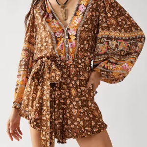 Boho Inspired Vintage Floral Print Long Sleeve Belted Jumpsuit