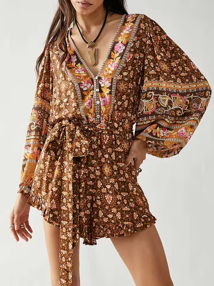 Boho Inspired Vintage Floral Print Long Sleeve Belted Jumpsuit